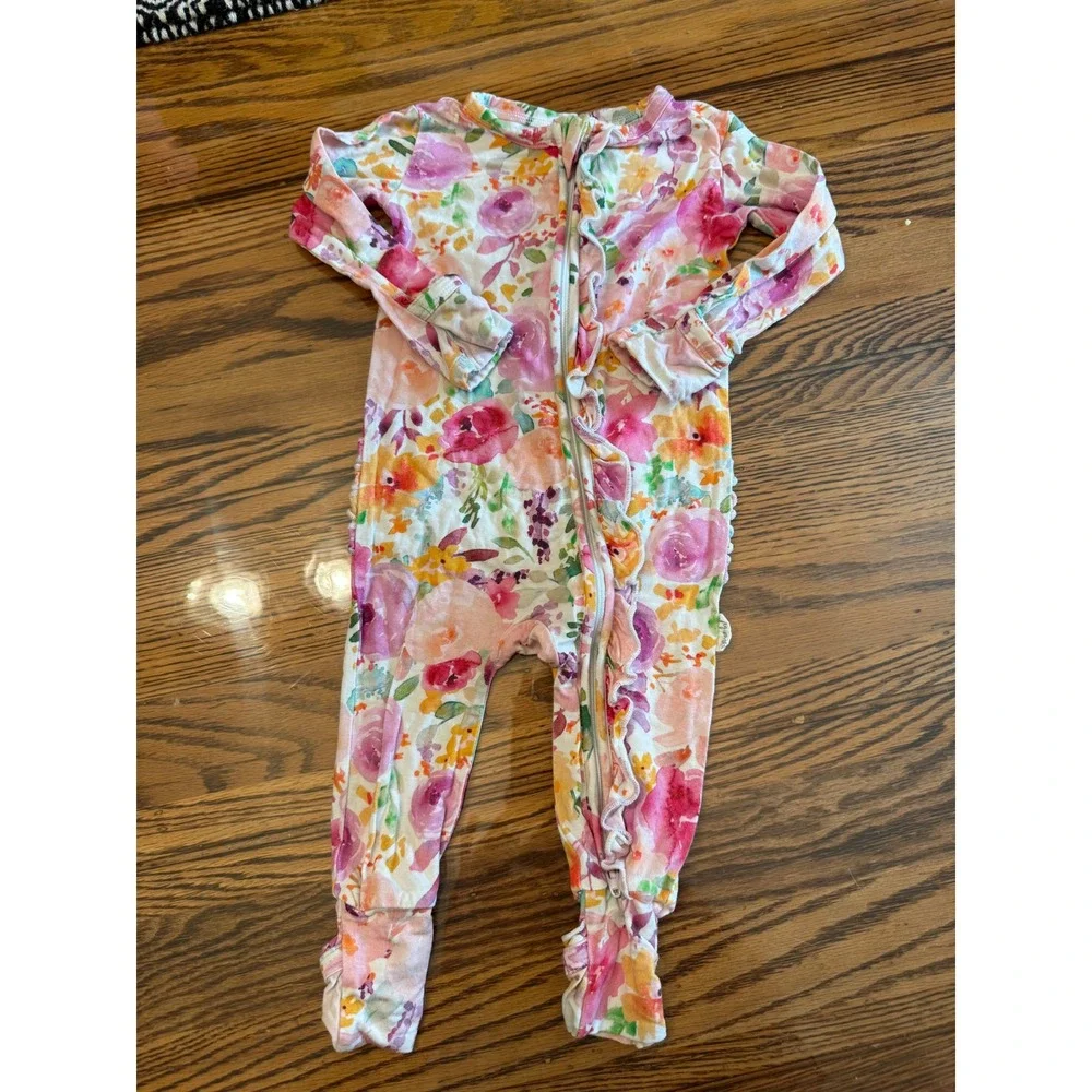 Gigi & Max Footie Kids 12M Pink Floral Ruffle Bamboo Viscose Sleeper